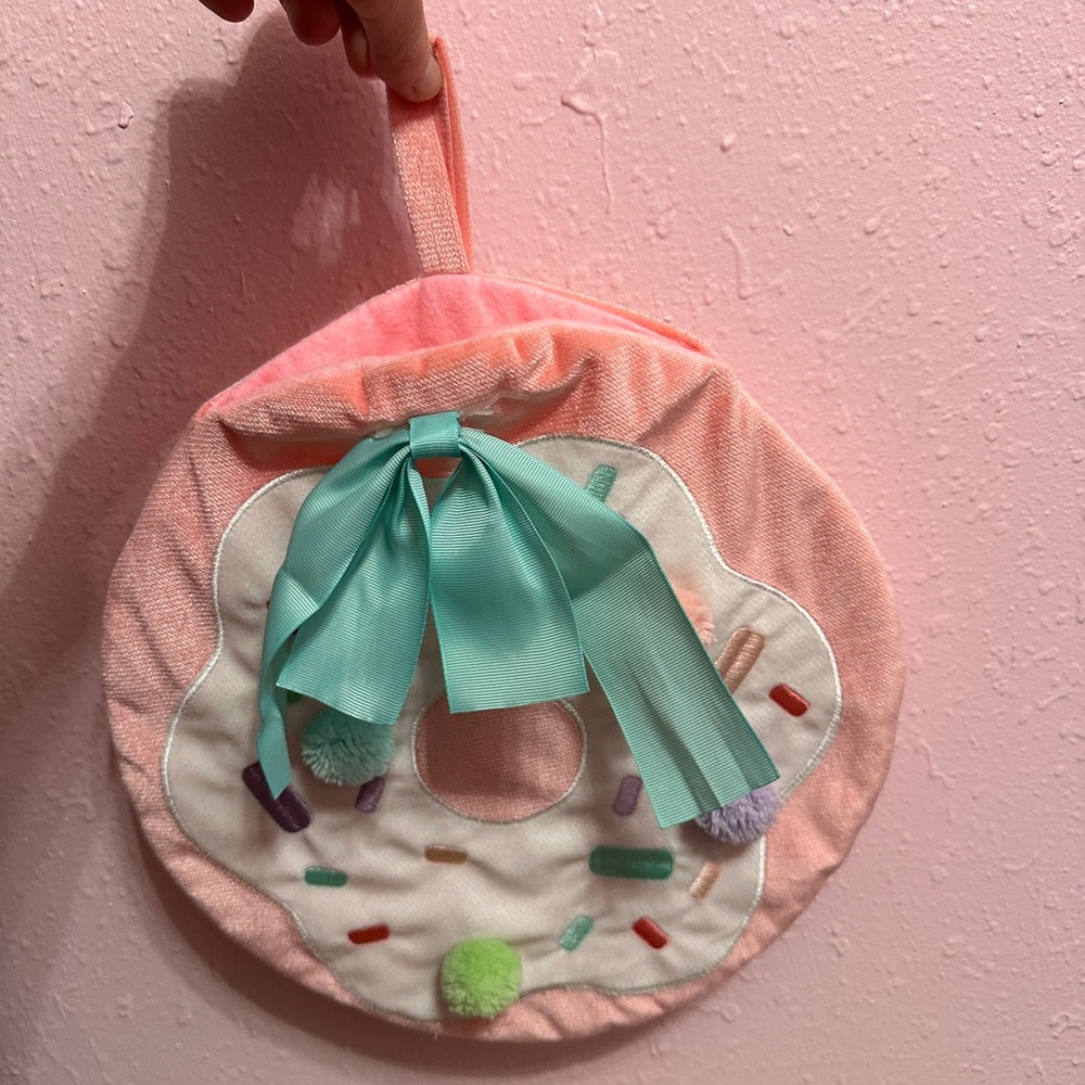 Pink Glazed Donut Shaped Pastel Sprinkles Stocking Pouch 12” Holiday